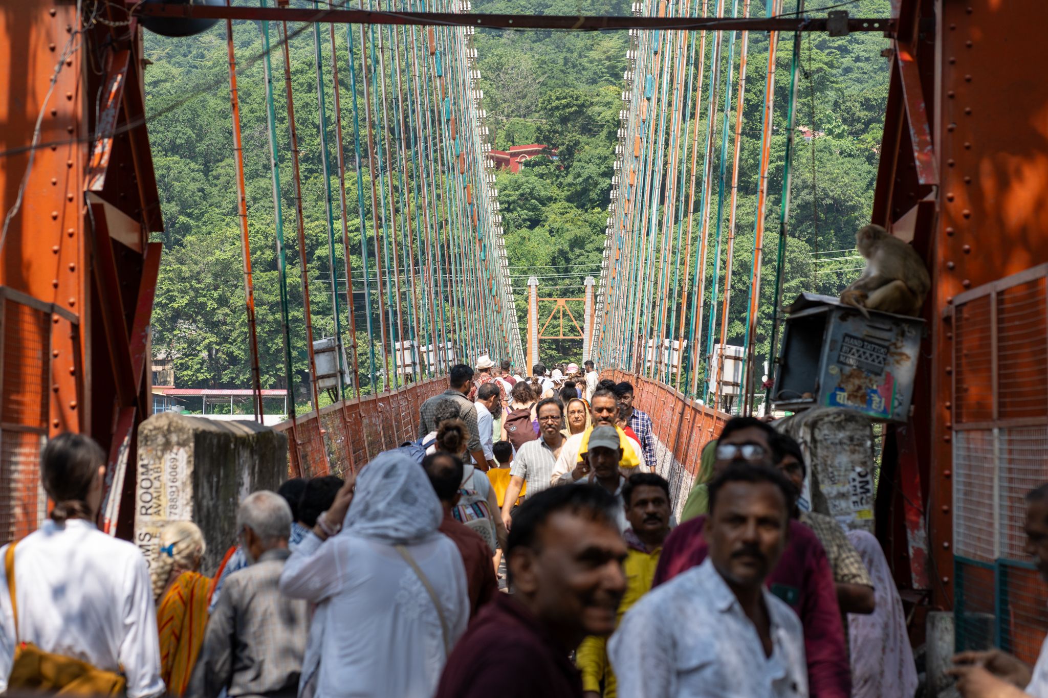 A crowd of people walking across an orange-painted suspension bridge in Rishikesh, with forested hills behind and a monkey sitting on a box at the bridge's edge.